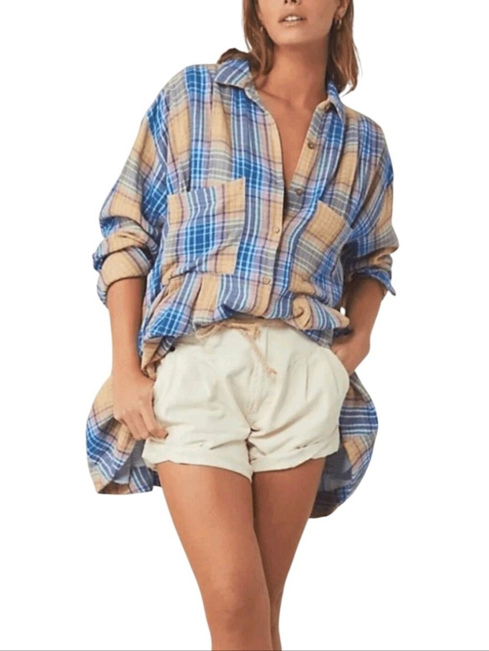 Free People oversize Blue and Tan Plaid Tunic/blouse. XL fit XXl , ptp 26 1/2"